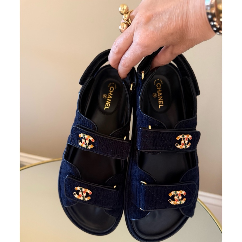 CHANEL Dad Sandals CC brooch logo quilted velour size 38 - Picture 8 of 17